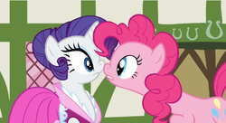Size: 567x309 | Tagged: safe, screencap, pinkie pie, rarity, earth pony, pony, unicorn, g4, too many pinkie pies, boop, female, mare, noseboop
