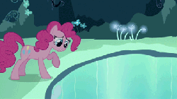 Size: 400x225 | Tagged: safe, screencap, pinkie pie, g4, too many pinkie pies, animated, cave, cave pool, clone, duo, female, gif, mind screw, mirror pool, multeity, pinkie clone, too much pink energy is dangerous