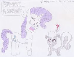 Size: 1000x768 | Tagged: safe, rarity, skunk, g4, crossover, female, littlest pet shop, pepper clark, question mark, scared, tabitha st. germain, text, voice actor joke