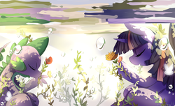 Size: 1500x914 | Tagged: safe, artist:mewball, spike, twilight sparkle, butterfly, g4, beautiful, bubble, epic, flower, underwater