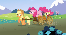 Size: 1360x736 | Tagged: safe, screencap, apple bloom, applejack, pinkie pie, earth pony, pony, g4, too many pinkie pies, cart, female, filly, foal, mare, tree