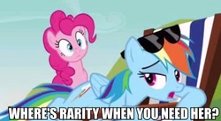 Size: 631x345 | Tagged: safe, edit, edited screencap, screencap, pinkie pie, rainbow dash, earth pony, pegasus, pony, g4, too many pinkie pies, beach chair, bend over, caption, chair, female, image macro, mare, sunglasses, text