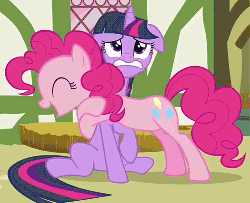 Size: 500x406 | Tagged: safe, screencap, pinkie pie, twilight sparkle, pony, g4, too many pinkie pies, animated, cropped, duo, female, floppy ears, gritted teeth, hug