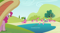 Size: 1275x716 | Tagged: safe, edit, edited screencap, screencap, pinkie pie, rainbow dash, earth pony, pony, g4, too many pinkie pies, caramelldansen, clone, female, mare, pinkie clone, tree