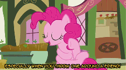 Size: 500x281 | Tagged: safe, screencap, pinkie pie, earth pony, pony, g4, too many pinkie pies, animated, female, pinkie being pinkie, pinkie physics, solo, subtitles