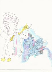 Size: 900x1243 | Tagged: safe, artist:creamecream, princess celestia, princess luna, g4, female, incest, lesbian, nuzzling, ship:princest, shipping, siblings