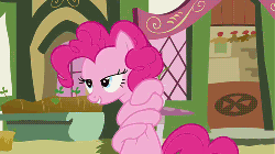 Size: 500x281 | Tagged: safe, screencap, pinkie pie, earth pony, pony, g4, season 3, too many pinkie pies, animated, eyes closed, female, pinkie being pinkie, pinkie physics, solo, spinning