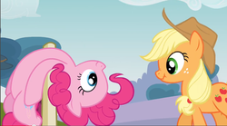 Size: 855x475 | Tagged: safe, screencap, applejack, pinkie pie, g4, too many pinkie pies, belly, fence, scrunchy face