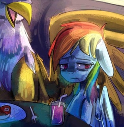 Size: 900x923 | Tagged: safe, artist:terrac0tta, gilda, rainbow dash, griffon, g4, cafe, drink, fanfic, food, herbivore vs carnivore, meat, restaurant, sad, table, tl;dr