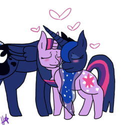 Size: 1024x1024 | Tagged: safe, artist:queenlugia58, princess luna, twilight sparkle, alicorn, pony, unicorn, g4, eyes closed, female, heart, lesbian, mare, ship:twiluna, shipping, simple background, transparent background, unicorn twilight