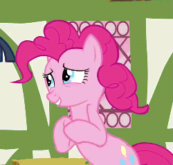 Size: 500x477 | Tagged: safe, screencap, pinkie pie, pony, g4, season 3, too many pinkie pies, animated, bipedal, cropped, female, offscreen character, solo