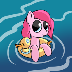 Size: 2000x2000 | Tagged: safe, artist:sharkwellington, pinkie pie, duck, earth pony, pony, g4, too many pinkie pies, cute, female, floaty, mare, pool toy, smiling, solo, swimming, water, wet mane