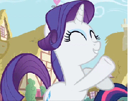 Size: 300x237 | Tagged: safe, screencap, rarity, twilight sparkle, pony, g4, too many pinkie pies, animated, cropped, eyes closed, female, hoofy-kicks, loop, rearing, solo focus