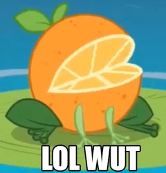 Size: 398x415 | Tagged: safe, edit, edited screencap, screencap, orange frog, frog, g4, too many pinkie pies, caption, cropped, image macro, lolwut, orange, orangified