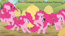 Size: 641x351 | Tagged: safe, edit, edited screencap, screencap, pinkie pie, earth pony, pony, g4, too many pinkie pies, clone, female, fun fun fun, mare, migration, multeity, pinkie clone, science, too much pink energy is dangerous