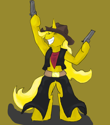 Size: 712x805 | Tagged: safe, artist:foxtrott, oc, oc only, oc:ticket, alicorn, pony, alicorn oc, bipedal, clothes, cowgirl, gun, solo