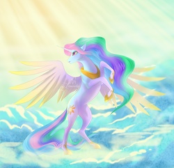 Size: 1365x1316 | Tagged: dead source, safe, artist:imanika, princess celestia, alicorn, pony, g4, cloud, cloudy, female, mare, rearing, solo