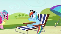 Size: 1365x768 | Tagged: safe, screencap, pinkie pie, rainbow dash, g4, season 3, too many pinkie pies, animation error, beach chair, chair, sunglasses