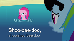 Size: 1280x720 | Tagged: safe, edit, edited screencap, screencap, pinkie pie, rainbow dash, sea pony, g4, too many pinkie pies, duo, image macro, lidded eyes, pond, shoo be doo, sunglasses, wet mane