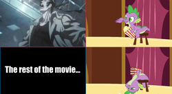 Size: 1280x700 | Tagged: safe, edit, edited screencap, screencap, spike, dragon, g4, my little pony: friendship is magic, too many pinkie pies, anime, food, highlander, highlander: the search for vengeance, male, meme, popcorn, reaction image