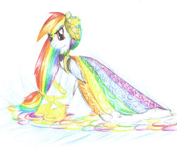 Size: 900x755 | Tagged: safe, artist:jamespongebob, rainbow dash, pegasus, pony, g4, clothes, dress, female, gala dress, looking at you, mare, simple background, smiling, solo, traditional art, white background
