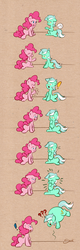 Size: 599x1875 | Tagged: safe, artist:secret-pony, lyra heartstrings, pinkie pie, earth pony, pony, unicorn, g4, too many pinkie pies, air inflation, backfire, balloon, belly, belly expansion, blowing into hoof, comic, exclamation point, female, fingers, floating, growth, hand, hand envy, inflation, mare, question mark, round belly, self inflation, spherical inflation