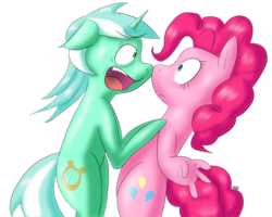 Size: 1227x983 | Tagged: safe, artist:tunderi, lyra heartstrings, pinkie pie, earth pony, pony, unicorn, g4, too many pinkie pies, duo, duo female, female, fingers, hand, hand envy, mare, simple background, transparent background
