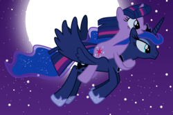 Size: 9000x6000 | Tagged: safe, artist:90sigma, princess luna, twilight sparkle, alicorn, pony, unicorn, g4, absurd resolution, duo, duo female, female, flying, horn, lesbian, moon, ponies riding ponies, riding, ship:twiluna, shipping, show accurate, smiling, stars, twilight riding luna, unicorn twilight