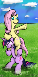 Size: 1080x2160 | Tagged: safe, artist:socksthewarrior, fluttershy, twilight sparkle, pony, unicorn, g4, female, floppy ears, lesbian, ponies riding ponies, pony back ride, riding, ship:twishy, shipping, unicorn twilight