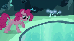 Size: 480x270 | Tagged: safe, screencap, pinkie pie, earth pony, pony, g4, season 3, too many pinkie pies, animated, cave, cave pool, female, gif, mare, mirror pool, solo