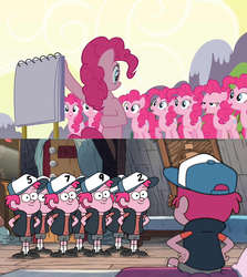 Size: 1280x1438 | Tagged: safe, edit, edited screencap, screencap, pinkie pie, g4, season 3, too many pinkie pies, clone, collage, crossover, double dipper, gravity falls, male, pinkie clone