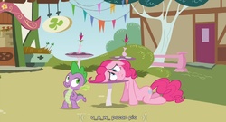 Size: 853x460 | Tagged: safe, screencap, pinkie pie, spike, dragon, g4, my little pony: friendship is magic, too many pinkie pies, duo, duo male and female, female, male, mushroom table, pecan, pecan pie, ponyville, sad, youtube caption