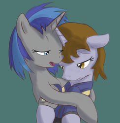 Size: 719x738 | Tagged: dead source, safe, artist:whatsapokemon, oc, oc only, oc:homage, oc:littlepip, pony, unicorn, fallout equestria, clothes, duo, fanfic, fanfic art, female, floppy ears, hooves, horn, hug, jumpsuit, lesbian, mare, oc x oc, open mouth, pipbuck, ship:pipmage, shipping, simple background, vault suit