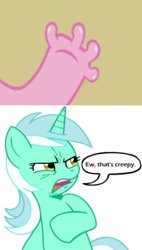 Size: 384x676 | Tagged: safe, edit, edited screencap, screencap, lyra heartstrings, pinkie pie, g4, my little pony: friendship is magic, too many pinkie pies, ew gay, hand, hoof fingers