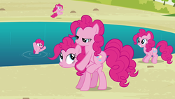 Size: 1280x720 | Tagged: safe, screencap, pinkie pie, g4, too many pinkie pies, clone, lidded eyes, out of context, pinkie clone, ponies riding ponies, riding, self riding