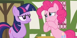 Size: 1600x789 | Tagged: safe, screencap, pinkie pie, twilight sparkle, g4, too many pinkie pies, embarrassed, twilight sparkle is not amused, unamused