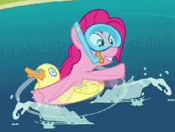 Size: 589x443 | Tagged: safe, screencap, pinkie pie, duck, pony, g4, season 3, too many pinkie pies, animated, female, flailing, goggles, inflatable, inflatable bird, inflatable duck, inner tube, pond, pool toy, snorkel, solo, splashing, swim mask, wet mane