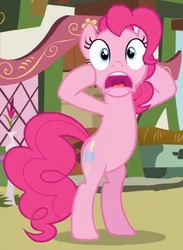 Size: 406x556 | Tagged: safe, screencap, pinkie pie, earth pony, pony, g4, too many pinkie pies, belly, bipedal, cropped, female, mare, open mouth, solo