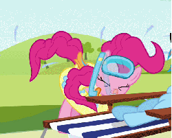 Size: 592x477 | Tagged: safe, screencap, pinkie pie, rainbow dash, too many pinkie pies, animated, beach chair, behaving like a dog, chair, cropped, female, goggles, inner tube, loop, offscreen character, party hard, shake, shaking, snorkel, solo focus, swim mask, wet mane, wet-dog shake