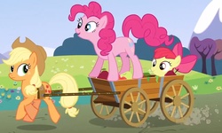 Size: 1043x624 | Tagged: safe, screencap, apple bloom, applejack, pinkie pie, g4, too many pinkie pies