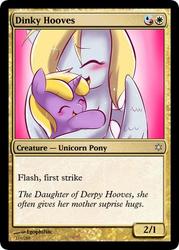 Size: 375x523 | Tagged: safe, artist:manasparks, derpy hooves, dinky hooves, pegasus, pony, g4, card, equestria's best mother, female, happy, hug, magic the gathering, mare