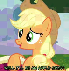 Size: 500x510 | Tagged: safe, screencap, applejack, earth pony, pony, g4, too many pinkie pies, animated, cropped, female, solo, subtitles