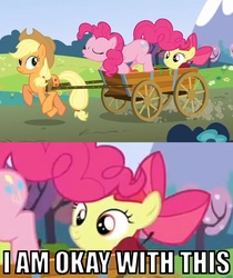 Size: 838x1000 | Tagged: safe, edit, edited screencap, screencap, apple bloom, applejack, pinkie pie, earth pony, pony, g4, too many pinkie pies, caption, eyes on the prize, female, filly, image macro, looking at butt, mare