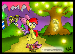 Size: 1123x801 | Tagged: safe, artist:neoncabaret, apple bloom, flam, flim, spike, oc, g4, apple, apple bloom's tree, comic, cover