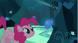 Size: 480x270 | Tagged: safe, screencap, pinkie pie, earth pony, pony, g4, season 3, too many pinkie pies, animated, cave, cave pool, eating, eyes closed, eyes on the prize, female, floppy ears, gif, glowing, glowing mushroom, grin, looking at something, mare, mirror pool, mushroom, nom, open mouth, puffy cheeks, smiling, solo
