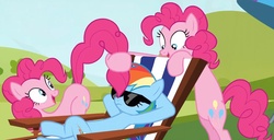 Size: 1362x697 | Tagged: safe, screencap, pinkie pie, rainbow dash, earth pony, pony, g4, too many pinkie pies, beach chair, chair, clone, female, mare, pinkie clone, sunbathing, sunglasses