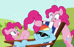 Size: 710x462 | Tagged: safe, screencap, pinkie pie, rainbow dash, too many pinkie pies, animated, beach chair, chair, clone, cropped, female, loop, multeity, pinkie clone, sunbathing, sunglasses, tickling, too much pink energy is dangerous