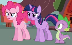 Size: 765x488 | Tagged: safe, screencap, pinkie pie, spike, twilight sparkle, dragon, earth pony, pony, unicorn, g4, season 2, too many pinkie pies, female, golden oaks library, male, mare, trio, unicorn twilight, wingless spike