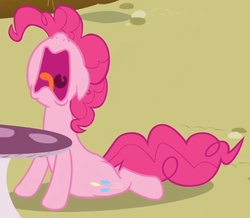 Size: 658x573 | Tagged: safe, screencap, pinkie pie, g4, too many pinkie pies, cropped, mushroom table, open mouth, ponyville, solo, volumetric mouth