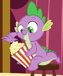 Size: 555x674 | Tagged: safe, screencap, spike, dragon, g4, too many pinkie pies, food, male, popcorn, solo